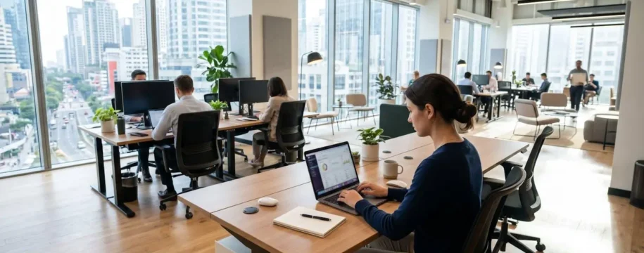 Un bureau lumineux moderne avec ordinateur portable affichant des graphiques floutés, grande fenêtre en arrière-plan diffusant une lumière naturelle douce