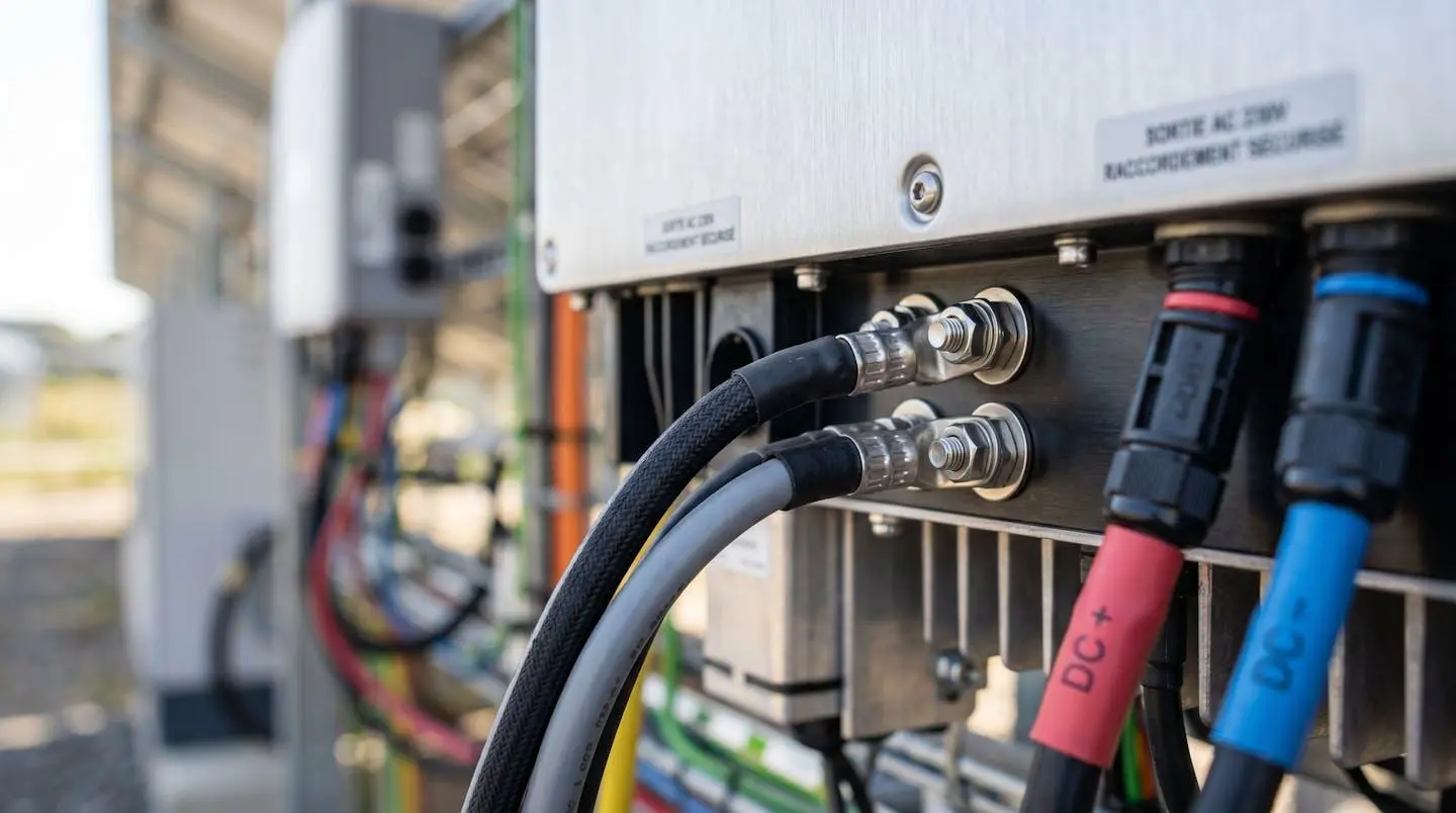 Gros plan sur un onduleur moderne d'installation photovoltaïque professionnelle avec connexions câblage visibles et surface métallique propre