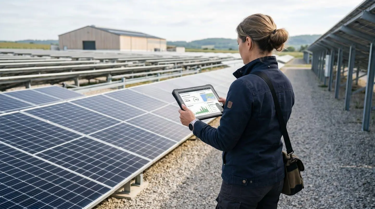 Chef d'exploitation agricole vu de dos consultant une tablette numérique devant son installation photovoltaïque dans un environnement rural contemporain