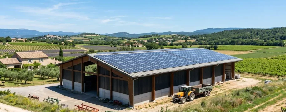 Vue large d'une installation photovoltaïque professionnelle sur toiture de hangar agricole en Occitanie, architecture moderne avec panneaux solaires visibles sous ciel dégagé