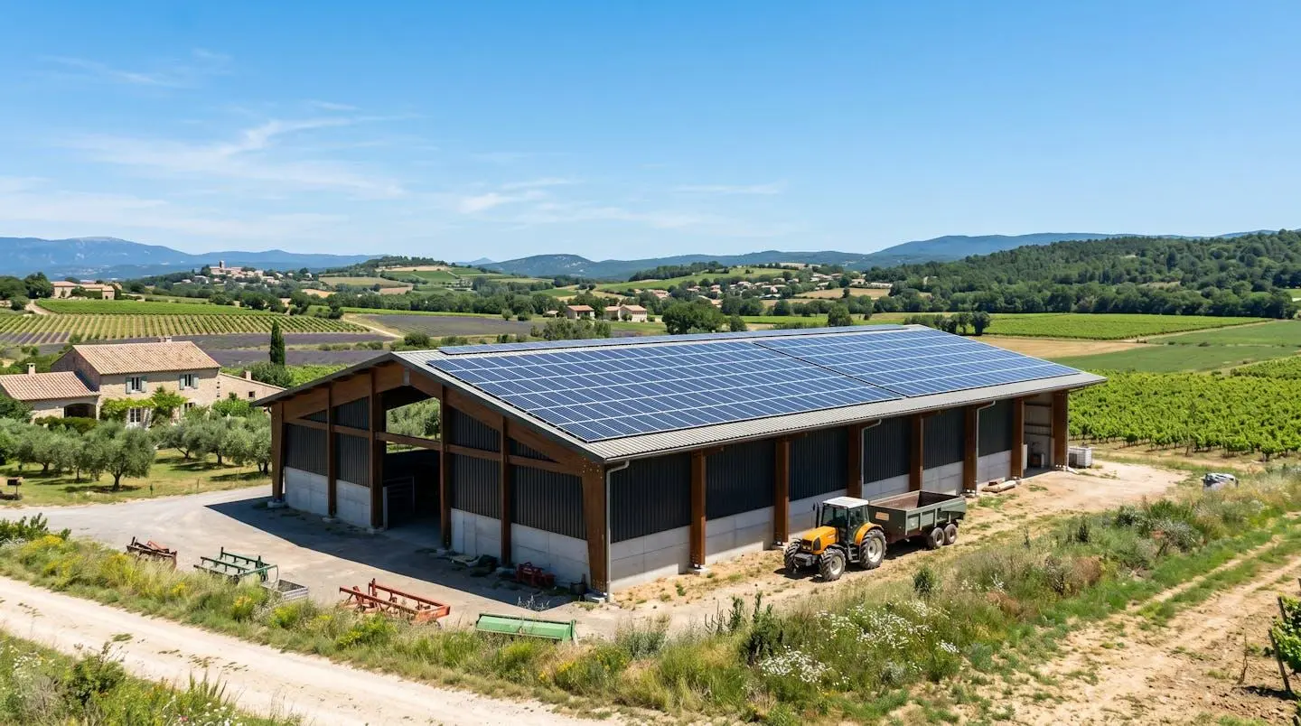 Vue large d'une installation photovoltaïque professionnelle sur toiture de hangar agricole en Occitanie, architecture moderne avec panneaux solaires visibles sous ciel dégagé
