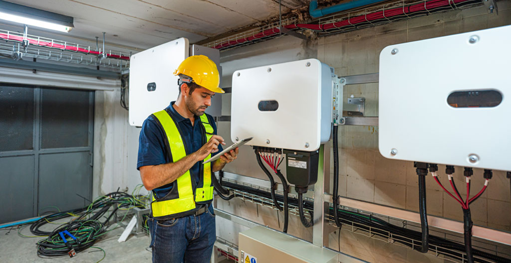 Gros plan sur un onduleur moderne d'installation photovoltaïque professionnelle avec connexions câblage visibles et surface métallique propre