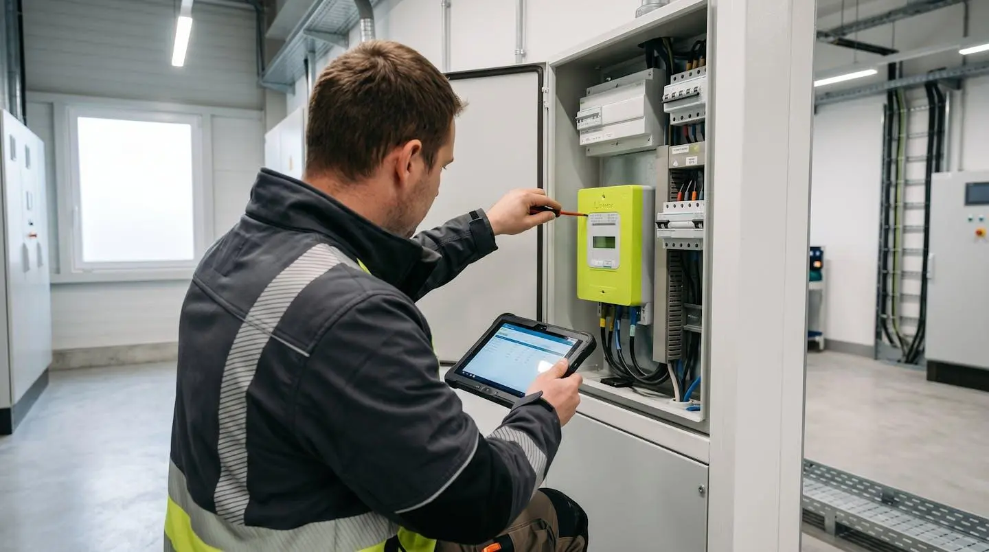 Vue par-dessus l'épaule d'un professionnel de dos consultant un compteur électrique Linky dans un local technique moderne et propre