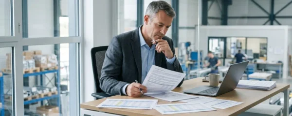 Chef d'entreprise consultant des documents de contrats d'électricité professionnels EDF sur son bureau dans un local d'activité moderne