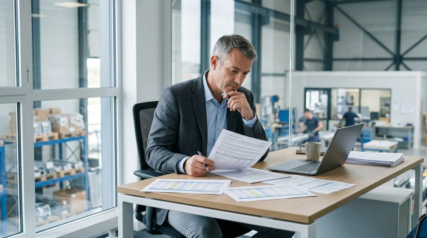 Chef d'entreprise consultant des documents de contrats d'électricité professionnels EDF sur son bureau dans un local d'activité moderne