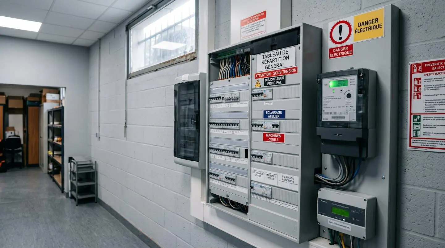 Compteur électrique professionnel et tableau de distribution dans une installation d'entreprise française moderne