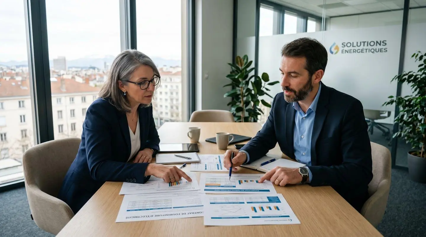 Courtier en énergie et chef d'entreprise analysant ensemble des offres de contrats d'électricité professionnels sur une table de réunion
