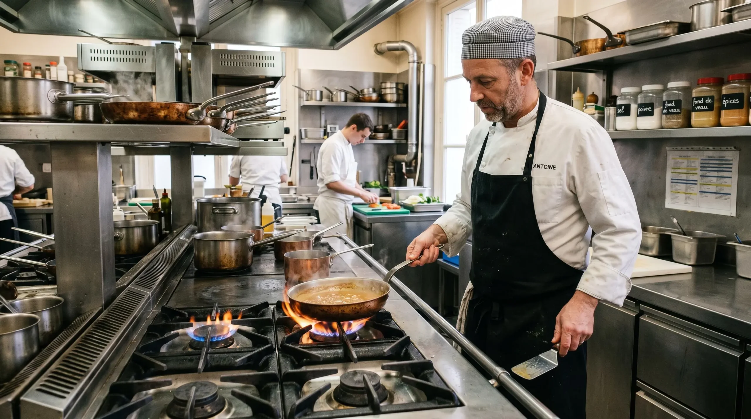 Chef travaillant dans une cuisine professionnelle équipée au gaz propane