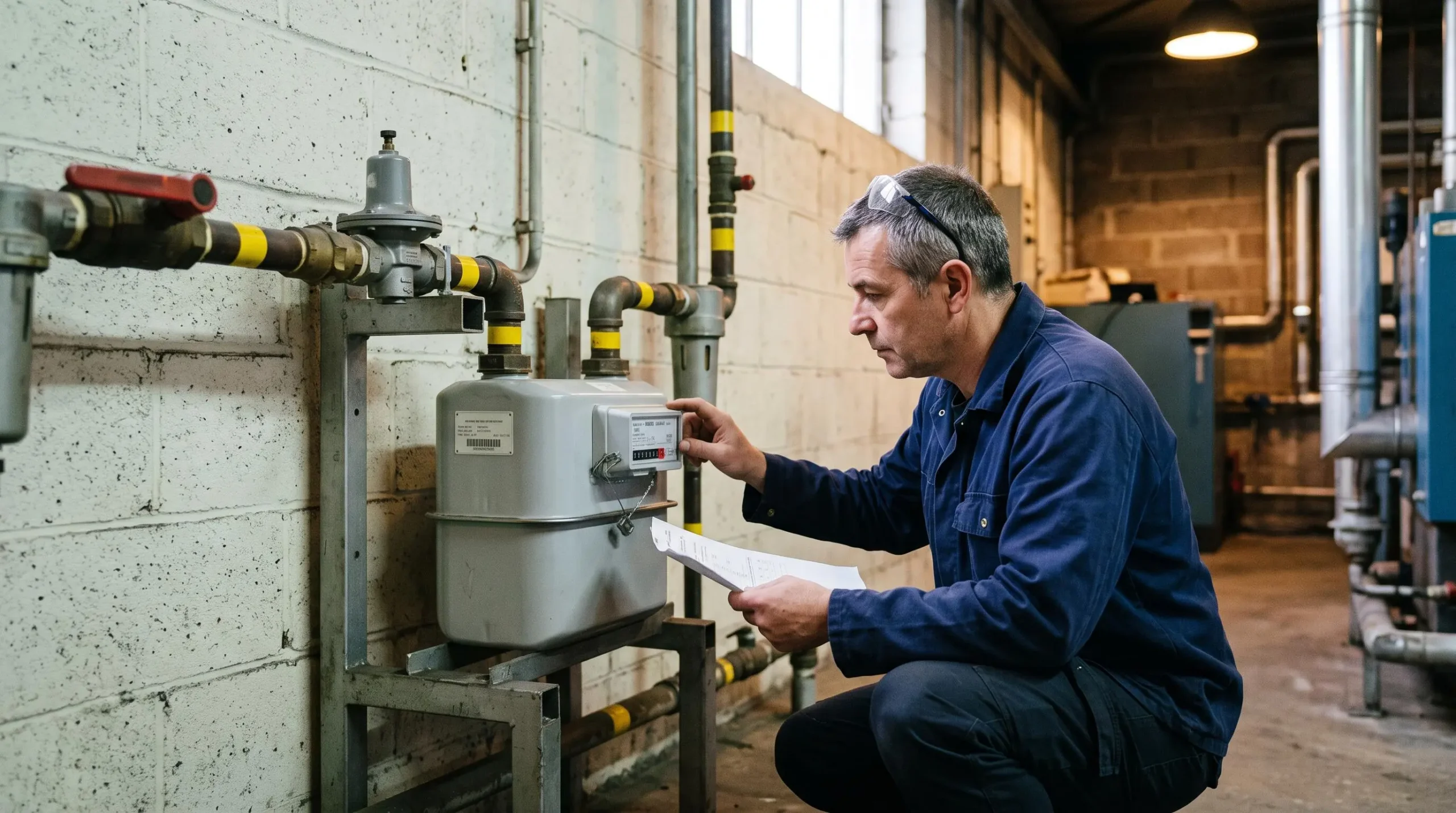 Un responsable maintenance compare l'index d'un compteur de gaz industriel avec des chiffres notés sur un document papier dans une chaufferie.