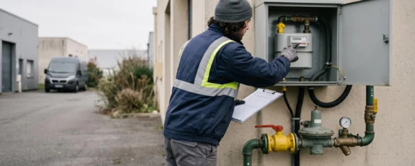 Un technicien relève le compteur de gaz naturel installé dans une armoire extérieure sur le mur d'un bâtiment industriel.