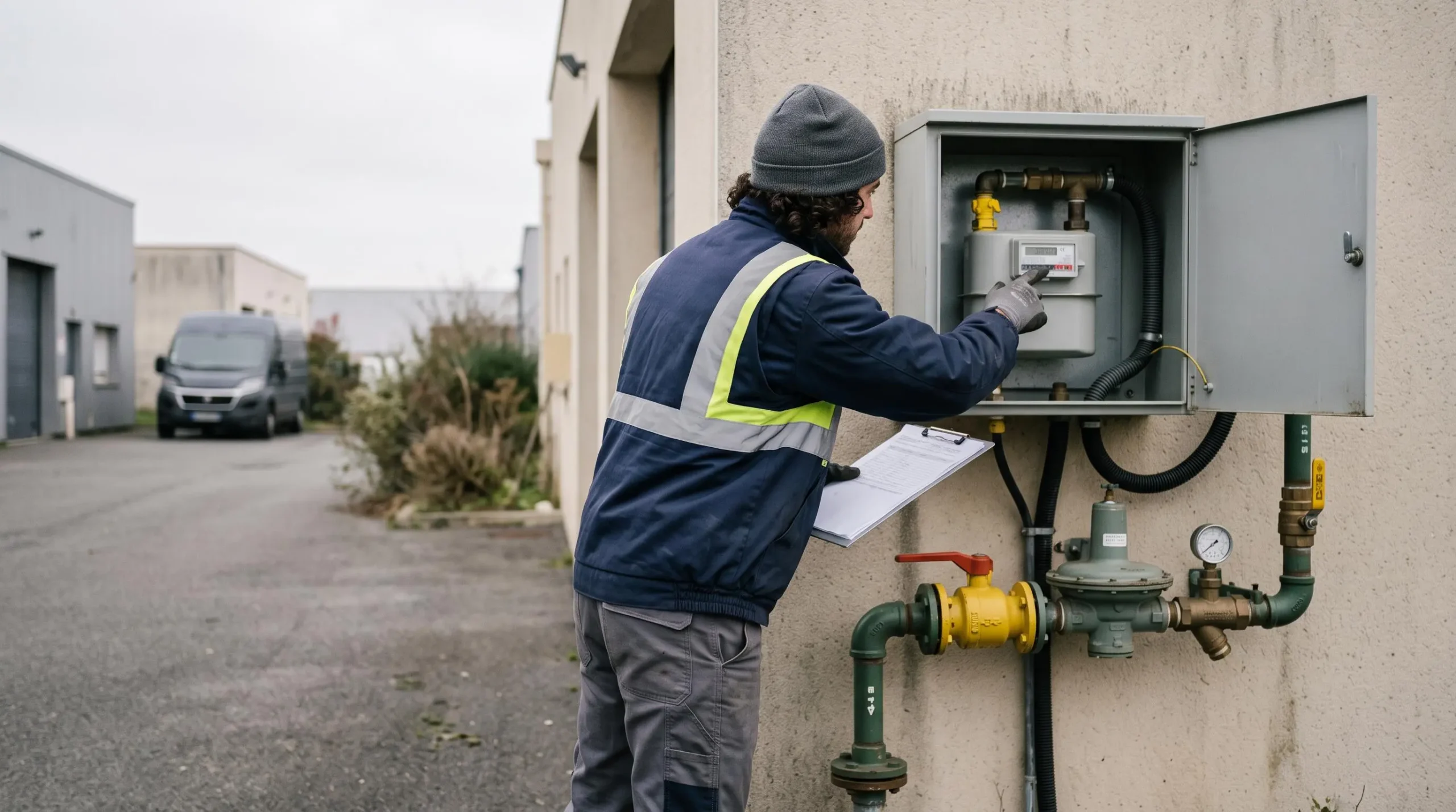 Un technicien relève le compteur de gaz naturel installé dans une armoire extérieure sur le mur d'un bâtiment industriel.