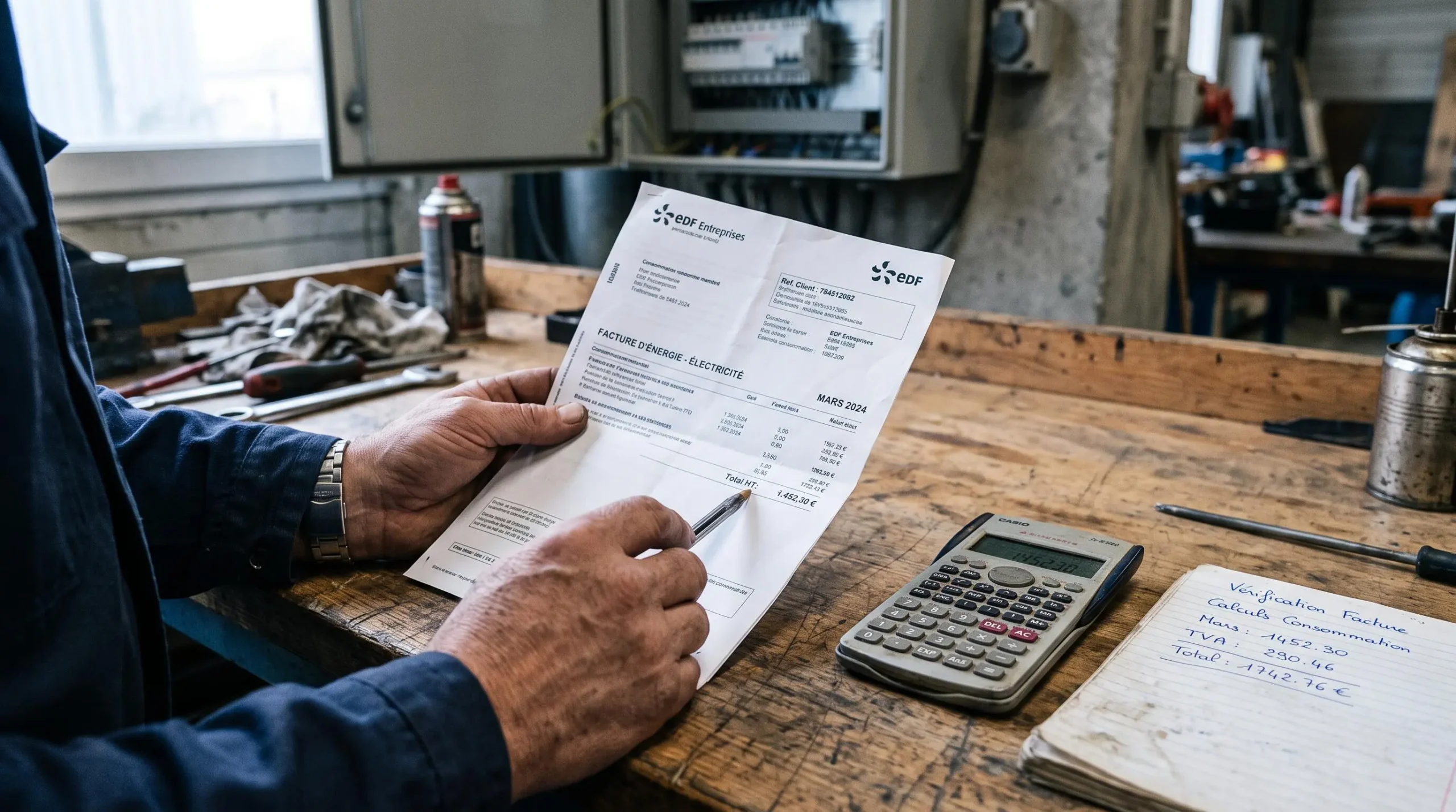 Des mains vérifient une ligne de facture de gaz posée sur un établi avec une calculatrice et un carnet de notes.